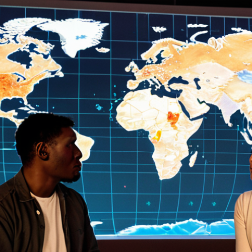 A diverse group of individuals from various continents (e.g., an African woman, a European man, an Asian person, a South American person) engaging in a collaborative discussion around a holographic projection of a world map, filled with subtle cultural motifs and data points. The scene emphasizes deep, empathetic understanding of global consumer behavior and cultural nuances, with a vibrant, inclusive atmosphere.