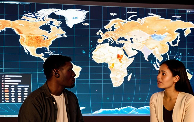 A diverse group of individuals from various continents (e.g., an African woman, a European man, an Asian person, a South American person) engaging in a collaborative discussion around a holographic projection of a world map, filled with subtle cultural motifs and data points. The scene emphasizes deep, empathetic understanding of global consumer behavior and cultural nuances, with a vibrant, inclusive atmosphere.