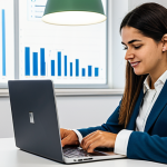 **

A professional digital marketer in a modern, brightly lit Lisbon co-working space, fully clothed in appropriate business casual attire. She is analyzing campaign performance on a laptop with charts showcasing metrics like ROI in Euros (€) and engagement rates. The scene emphasizes data-driven strategies and market analysis related to the Portuguese consumer market. Perfect anatomy, correct proportions, natural pose, well-formed hands, proper finger count. Safe for work, appropriate content, professional, modest, family-friendly.

**