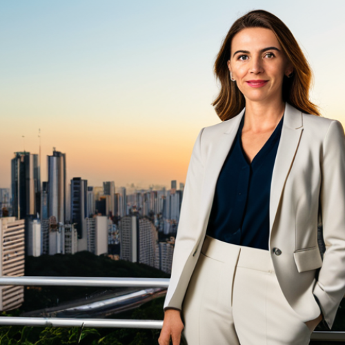 **

"A professional businesswoman in a modest, elegant blazer and trousers, standing confidently in front of the iconic São Paulo skyline at sunset, fully clothed, appropriate attire, safe for work, perfect anatomy, natural proportions, professional corporate photography, high quality, soft lighting, warm colors, family-friendly."

**
