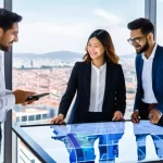 해외마케팅 분야 공모전 참여 팁 - **Prompt:** A diverse team of five marketing professionals, aged late 20s to early 40s, from various...