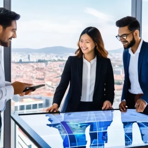 해외마케팅 분야 공모전 참여 팁 - **Prompt:** A diverse team of five marketing professionals, aged late 20s to early 40s, from various...