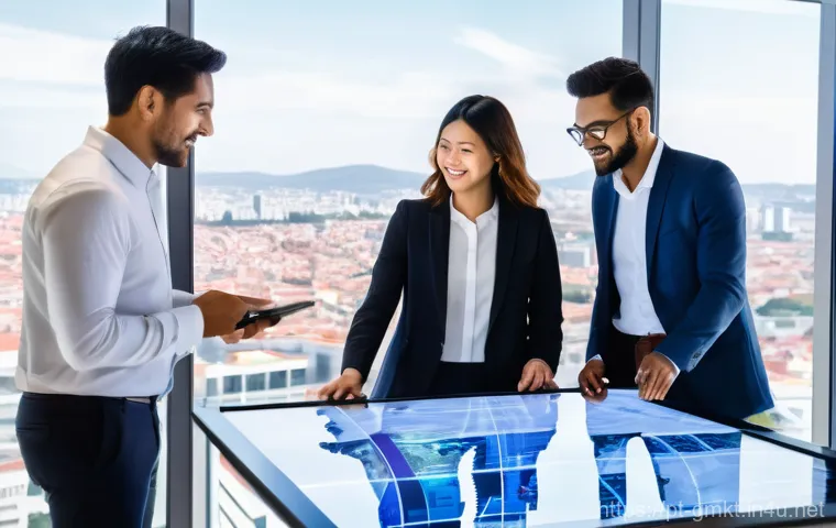 해외마케팅 분야 공모전 참여 팁 - **Prompt:** A diverse team of five marketing professionals, aged late 20s to early 40s, from various...