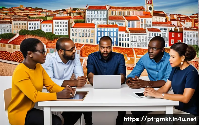 해외마케팅 입문자를 위한 가이드 - **Prompt:** A diverse group of marketers and cultural experts from Portugal, Angola, and Mozambique ...