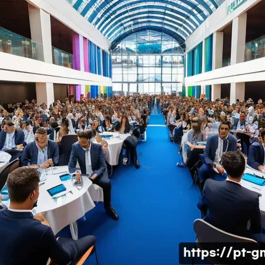 해외마케팅 국제 컨퍼런스 정보 - A vibrant international marketing conference scene set in Lisbon, Portugal, featuring diverse profes...