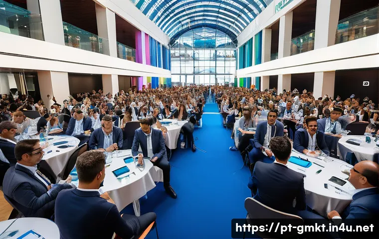 해외마케팅 국제 컨퍼런스 정보 - A vibrant international marketing conference scene set in Lisbon, Portugal, featuring diverse profes...