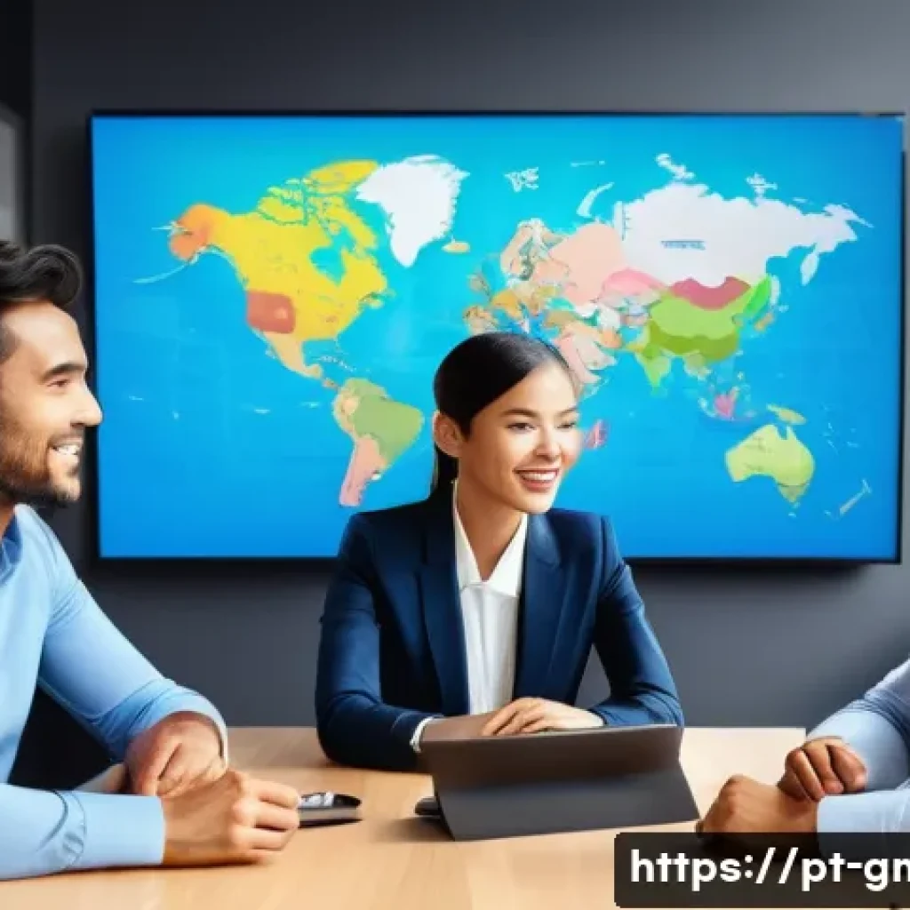 해외마케팅 직업 윤리와 규정 - A professional international marketing team in a modern office setting, discussing diverse cultural ...