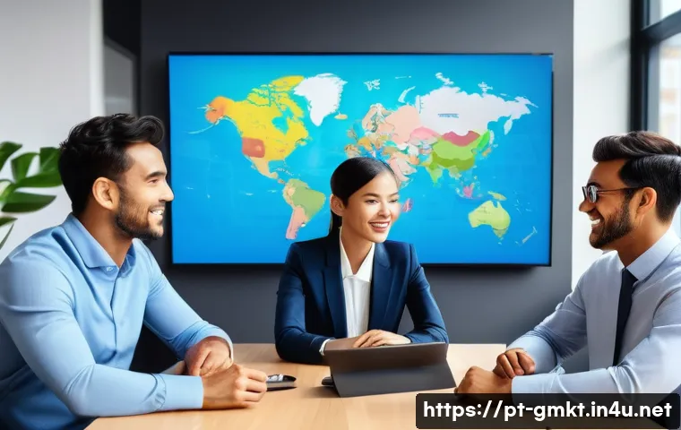 해외마케팅 직업 윤리와 규정 - A professional international marketing team in a modern office setting, discussing diverse cultural ...
