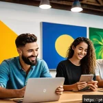 해외마케팅 사례 연구 - A vibrant digital marketing scene showcasing a diverse group of young Brazilian professionals collab...