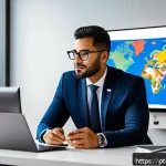 해외마케팅 분야 이직 준비 팁 - A professional international marketing specialist conducting a virtual global webinar, with diverse ...