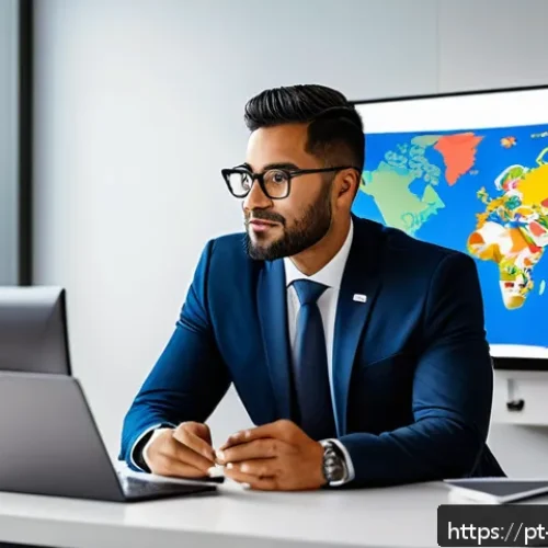 해외마케팅 분야 이직 준비 팁 - A professional international marketing specialist conducting a virtual global webinar, with diverse ...
