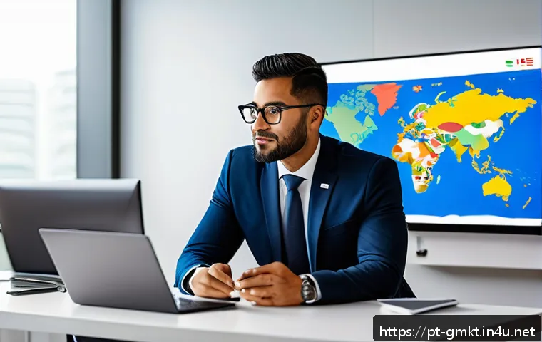 해외마케팅 분야 이직 준비 팁 - A professional international marketing specialist conducting a virtual global webinar, with diverse ...