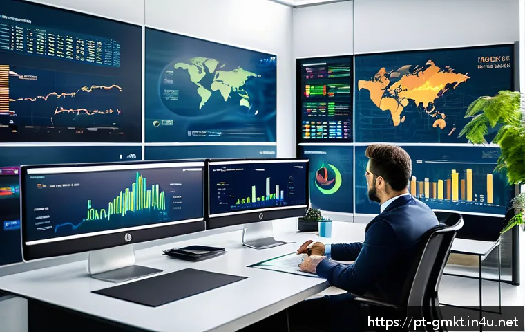 해외마케팅에서의 ROI 측정법 - A modern international marketing team in a bright office, analyzing multichannel data dashboards on ...