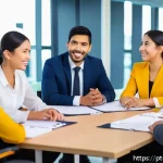 해외마케팅 리스크 관리 전략 - A detailed business meeting scene in an international corporate office, featuring diverse profession...