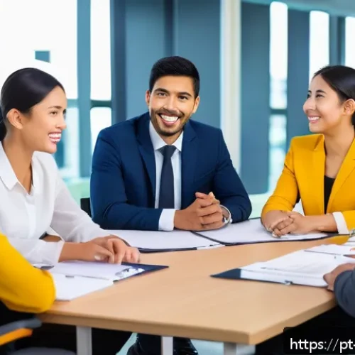 해외마케팅 리스크 관리 전략 - A detailed business meeting scene in an international corporate office, featuring diverse profession...