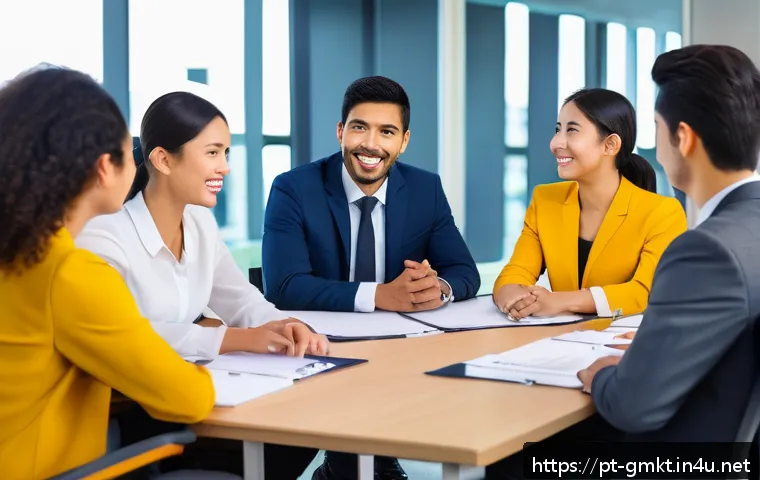 해외마케팅 리스크 관리 전략 - A detailed business meeting scene in an international corporate office, featuring diverse profession...