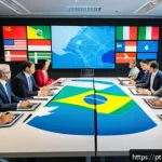 해외마케팅 리더십 개발 - A diverse group of global marketing leaders in a modern conference room, engaged in an intercultural...