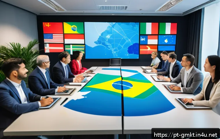 해외마케팅 리더십 개발 - A diverse group of global marketing leaders in a modern conference room, engaged in an intercultural...